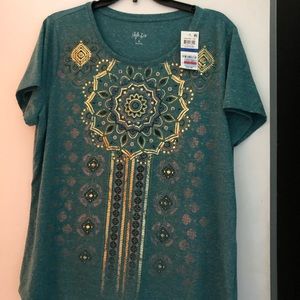 Pretty green tshirt   Has a gold pattern design on front. Short sleeves
